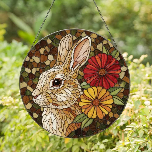 Rabbit Head Red Orange Flower Yellow Bloom Cracked Ice Mosaic Home Decor Gift for Wildlife Lover Stained Glass Suncatcher