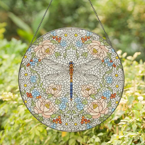 Dragonfly Floral Garlands Daisies Peonies - Home Decor Gift for Garden Lover Stained Glass Suncatcher