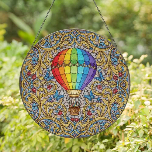 Hot Air Balloon Acanthus Leaves Butterflies Floral - Home Decor Gift Stained Glass Suncatcher