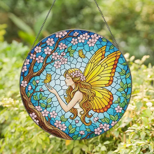 Fairy Butterfly Cherry Blossom Tree Branches - Home Decor Gift for Nature Lover Stained Glass Suncatcher