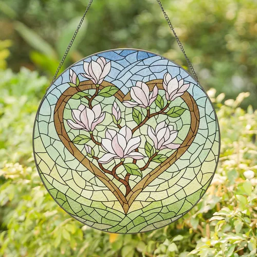 Magnolia Flowers Buds Heart Intertwining Branch Leaves - Home Decor Gift for Garden Lover Stained Glass Suncatcher