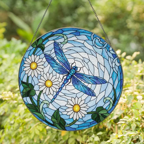 Blue Dragonfly Daisy Flowers - Home Decor Gift for Garden Lover Stained Glass Suncatcher