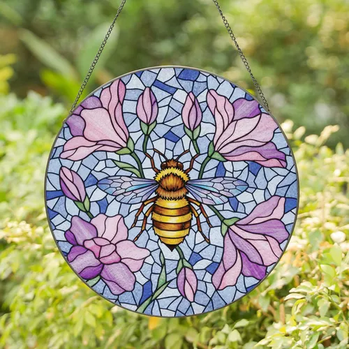 Golden Honeybee Blooming Flowers - Home Decor Gift for Wildlife Lovers Stained Glass Suncatcher