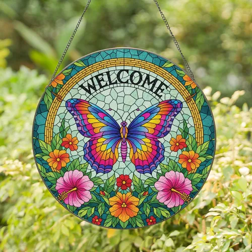 Butterfly Welcome Sign Golden Frame Hibiscus - Home Decor Gift for Garden Lover Stained Glass Suncatcher