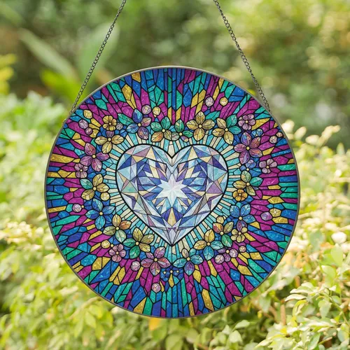 Jewel Diamond Heart Floral Gem Leaf - Home Window Display, Decor Gift for Collectors Stained Glass Suncatcher