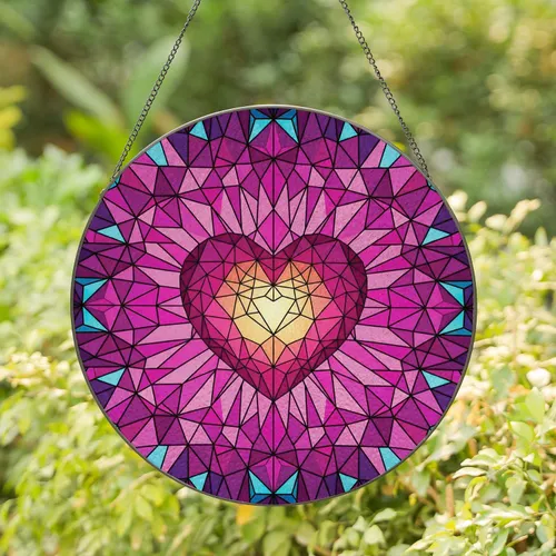 Glowing Multifaceted Jewel Heart Angular Polygonal Geometric Mosaic - Home Decor Gift Stained Glass Suncatcher