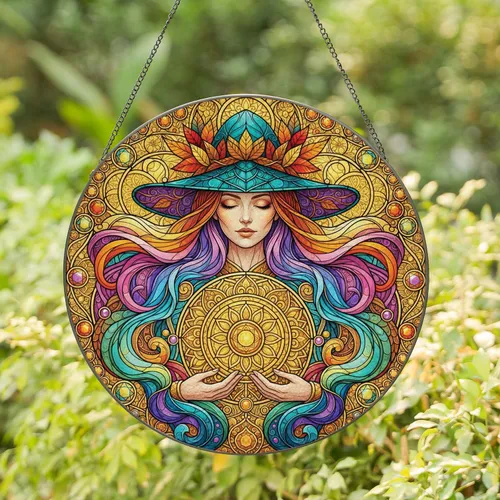 Sorceress Rainbow Hair Teal Hat Sun-Orb Mandala Filigree - Mystical Gift for Home Decor Stained Glass Suncatcher