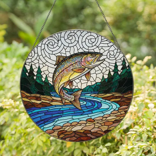 Jumping Iridescent Trout Fish River Scene - Wildlife Home Decor Gift Stained Glass Suncatcher