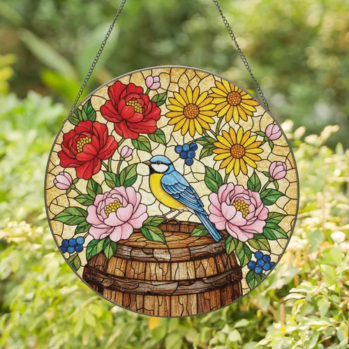 Bird Perched Barrel Lush Flower Bouquet - Home Decor Gift for Garden Lover Stained Glass Suncatcher