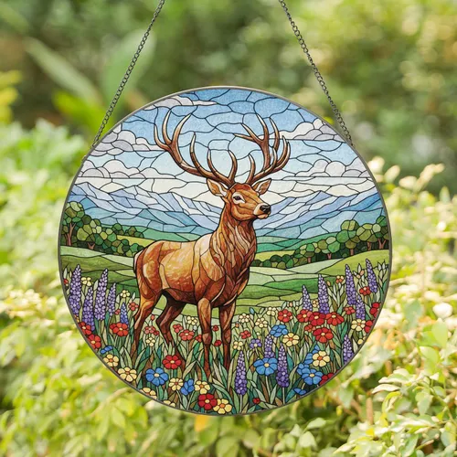 Majestic Stag Wildflower Meadow Rolling Hills Mountain Sky - Nature Lover Decor Gift Stained Glass Suncatcher