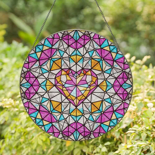 Multi-faceted Heart Gemstone Starburst Refractions Geometric Mosaic - Home Decor Gift Stained Glass Suncatcher