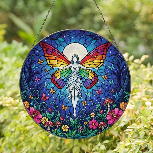 Luminous Fairy Rainbow Butterfly Moon Night Forest - Home Decor Gift for Fantasy Lover Stained Glass Suncatcher