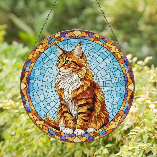 Long Haired Maine Coon Tabby Cat Emerald Green Eyes - Housewarming Home Decor Gift for Cat Lovers Stained Glass Suncatcher