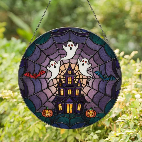 White Ghosts Haunted House Spiderweb - Halloween Home Decor Gift Stained Glass Suncatcher