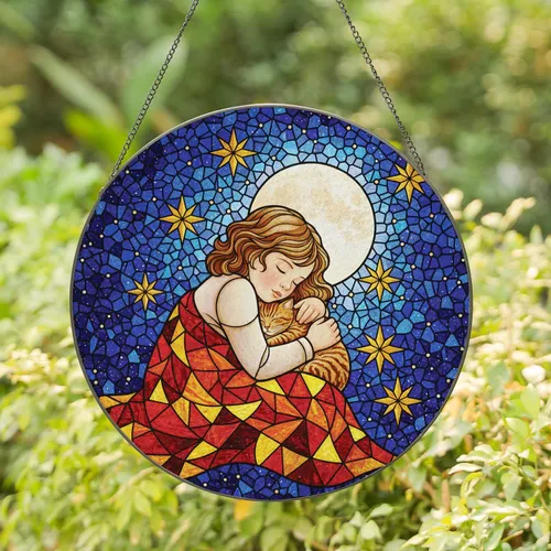 Sleeping Child Cuddling Tabby Cat Full Moon Starry Night - Home Decor Gift Stained Glass Suncatcher