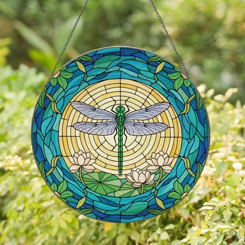Dragonfly Sun Water Lily Blooms Floral - Home Decor Gift for Garden Lover Stained Glass Suncatcher