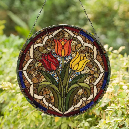 Organic Swirls Tulip Floral Mosaic - Home Decor Gift for Garden Lover Stained Glass Suncatcher