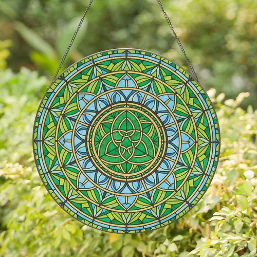 Celtic Triquetra Knot Concentric Ring Leaf Mosaic - Home Decor Gift Stained Glass Suncatcher