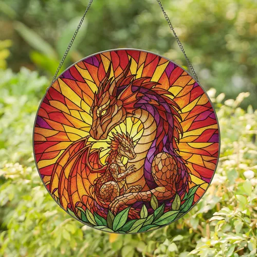 Dragon Family Sunburst Sky - Home Decor Gift for Dragon Lovers Stained Glass Suncatcher