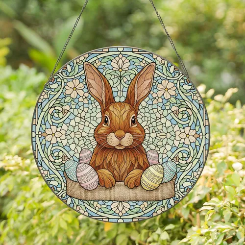 Fluffy Brown Rabbit Easter Eggs Spring Flowers - Easter Home Decor for Rabbit Lovers Stained Glass Suncatcher