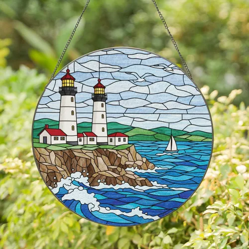Lighthouses Sailboat Seagulls Ocean Cliff Scene - Window Decor Gift Stained Glass Suncatcher