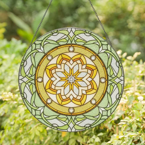 Eight-Point Starburst Mandala Circular Mosaic Golden Amber White Green - Window Decor Gift Stained Glass Suncatcher