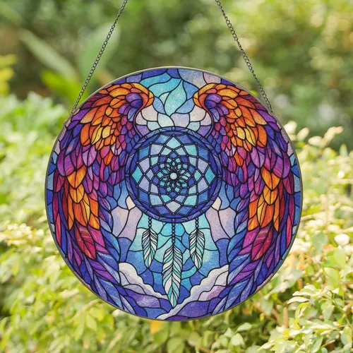 Dreamcatcher Feathered Wings Celestial Mosaic - Home Decor Gift Stained Glass Suncatcher