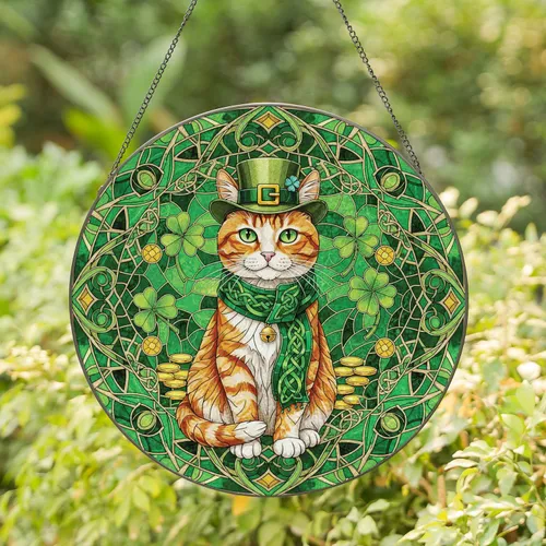 Tabby Cat Leprechaun Hat Clovers Gold Coins Celtic Knot - St. Patrick's Day Gift Stained Glass Suncatcher