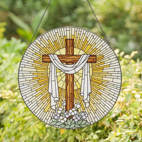 Cross Shroud Sunburst Mosaic Glass Flowers - Spiritual Living Home Decor Gift Stained Glass Suncatcher