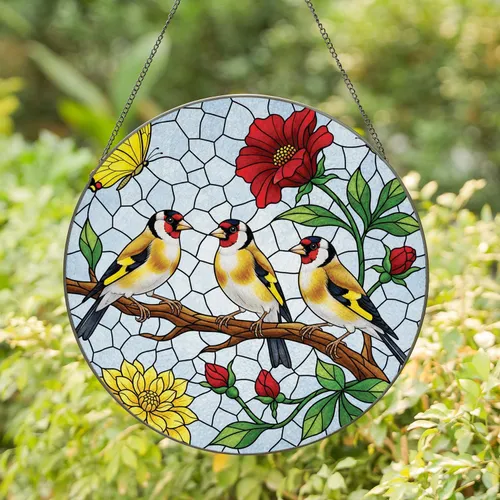 Goldfinches Butterflies Wildflowers Branch Decor - Wildlife Home Decor Gift for Bird Watchers Stained Glass Suncatcher