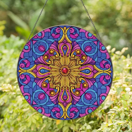 Jeweled Curvilinear Fluted Christian Cross Starburst Filigree Mosaic - Home Decor Gift Stained Glass Suncatcher