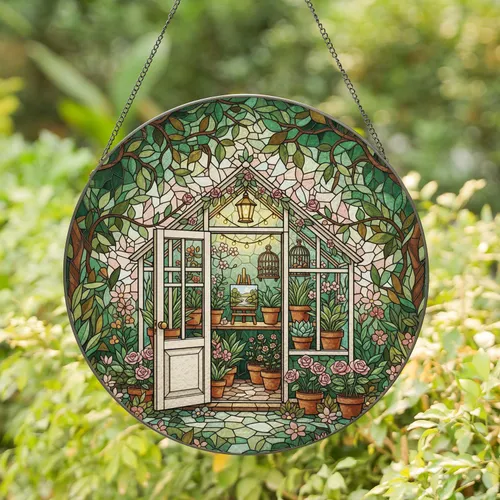 Miniature Glass Greenhouse Potted Plants Floral Garlands - Home Decor Gift for Garden Lover Stained Glass Suncatcher