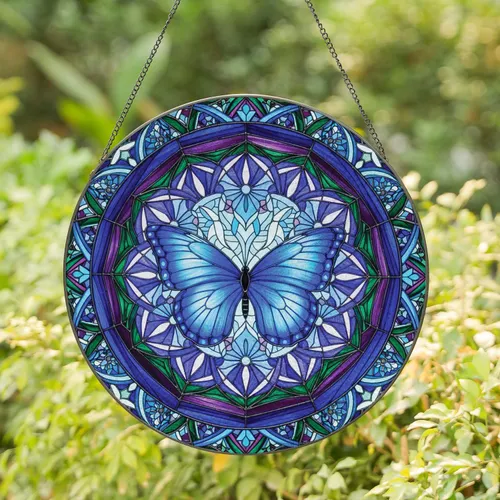 Blue Butterfly Scalloped Circle Floral Starburst - Home Decor Gift for Wildlife Lovers Stained Glass Suncatcher