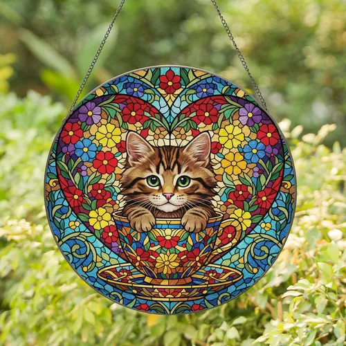 Fluffy Tabby Kitten Emerald Eyes Teacup Mosaic Floral - Home Decor Gift for Cat Lover Stained Glass Suncatcher