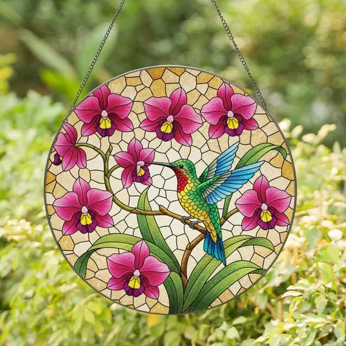 Hummingbird Orchid Blooms Wildlife - Home Decor Gift for Garden Lover Stained Glass Suncatcher