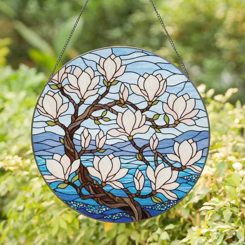 Magnolia Tree Branch Mountain Waters - Home Decor Gift for Garden Lover Stained Glass Suncatcher