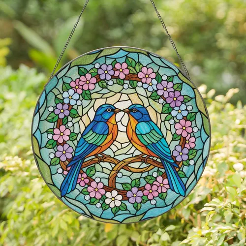 Affectionate Vibrant Birds Blossom Wreath Mosaic - Home Decor Gift for Bird Lovers Stained Glass Suncatcher