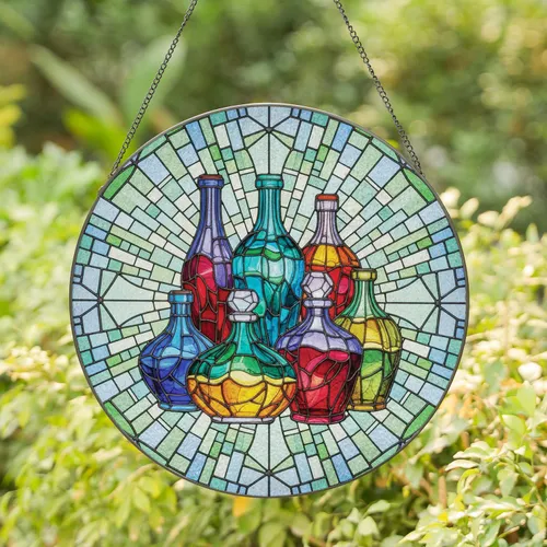 Stained Glass Bottle Cluster Geometric Patchwork Mosaic - Window Decor Gift Stained Glass Suncatcher