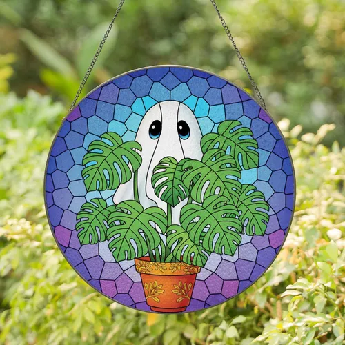 Ghost Peeking Monstera Plant Terracotta Pot - Home Decor Gift for Ghost Lover Stained Glass Suncatcher