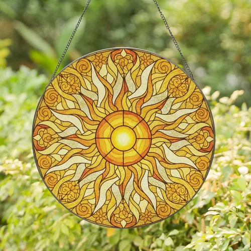 Luminous Yellow-Orange Sun Disc Wavy Rays Celestial Light Forms - Home Decor Gift Stained Glass Suncatcher
