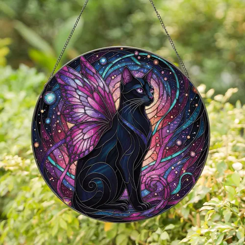 Stained Glass Cat Butterfly Wings - Home Decor Gift for Cat Lovers Stained Glass Suncatcher