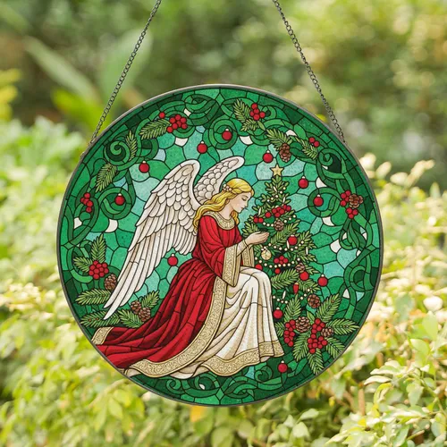 Kneeling Angel Feathered Wings Red Gown Christmas Tree Pinecone Berry - Christmas Gift Stained Glass Suncatcher