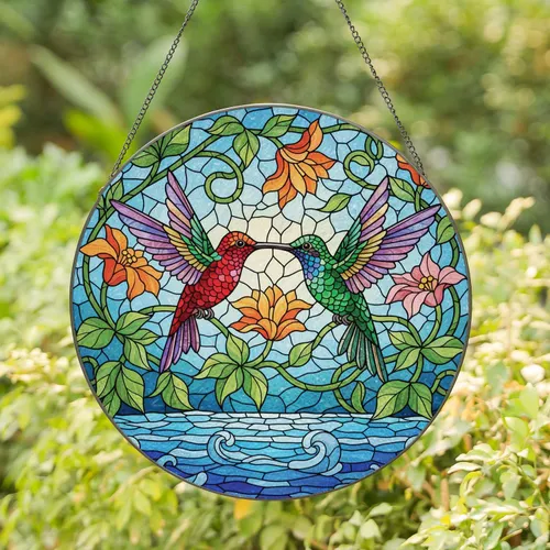 Hummingbirds Blooming Flowers Water Garden - Home Decor Gift for Bird Watchers Stained Glass Suncatcher