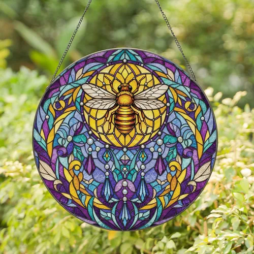 Majestic Bee Floral Dreamcatcher - Luminous Glass Wildlife Lover Home Decor Gift Stained Glass Suncatcher