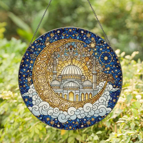 Glowing Mosque Minaret Dome Crescent Moon Celestial Stars - Home Decor Gift Stained Glass Suncatcher
