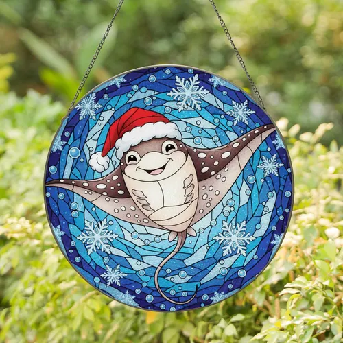 Manta Ray Santa Hat Snowflakes Ocean Blue - Christmas Gift for Marine Life Lover Stained Glass Suncatcher