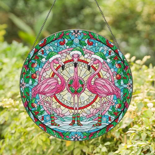 Festive Flamingos Santa Hat Holly Wreath - Christmas Decor Gift for Flamingo Lover Stained Glass Suncatcher