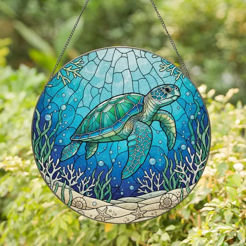 Majestic Sea Turtle Coral Reef Starfish Underwater Garden - Home Decor Gift for Ocean Lover Stained Glass Suncatcher