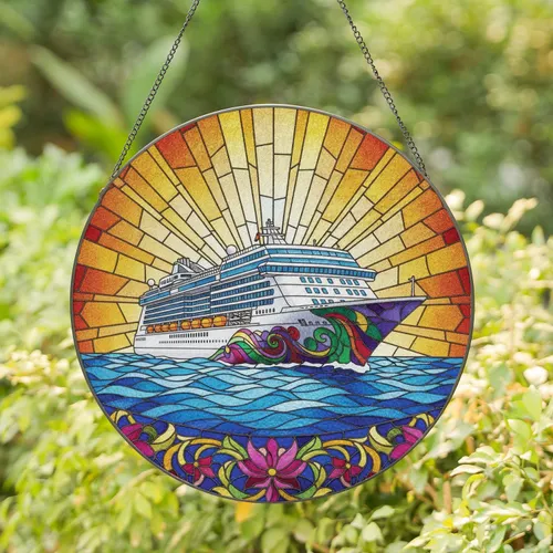 Cruise Ship Bow View Ocean Flowers Sky - Home Decor Gift for Traveler Stained Glass Suncatcher