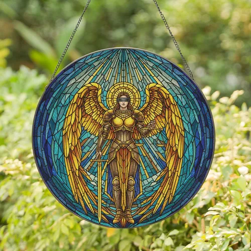 Blindfolded Winged Figure Golden Armor Sword Scales Divine Rays Celestial Geometric - Home Decor Gift Stained Glass Suncatcher